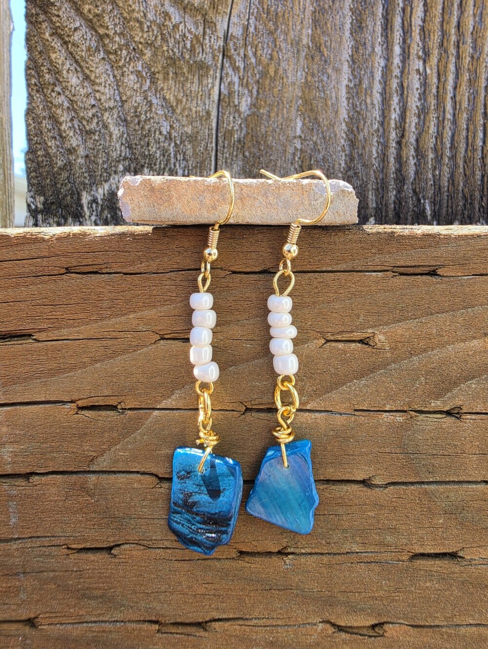 Blue Shimmer Seashell Dangle Earrings • 18k Gold Plated